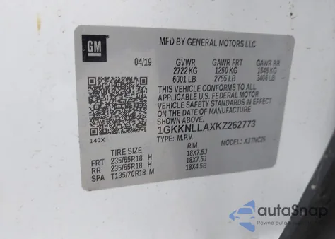 2019 GMC Acadia Sle-2 из США, поврежденный, VIN 1GKKNLLAXKZ262773